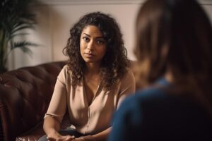 a person talks to a therapist during cognitive behavioral therapy for anxiety