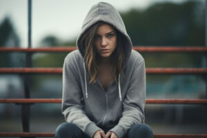 a person sits outside on a bench in a hoodie to show amphetamine vs methamphetamine