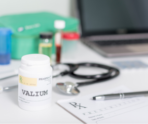 Valium pill bottle on desk